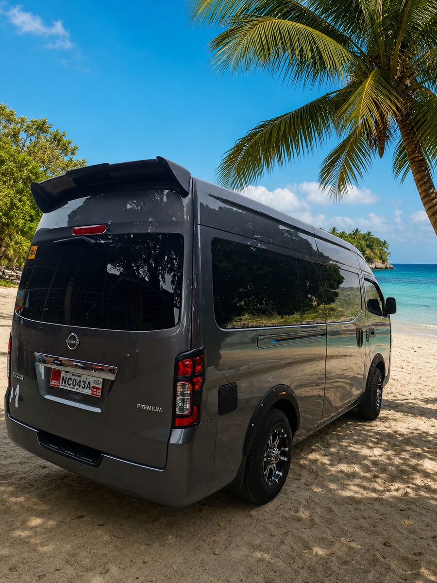 JM Van Rentals grey Nissan Premium tour van parked on a palm-lined Siquijor beach